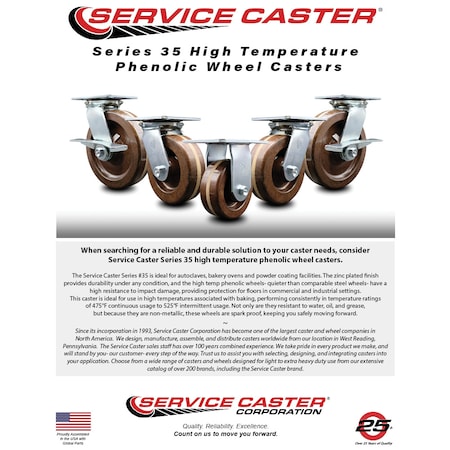 Service Caster 4 Inch Heavy Duty High Temp Phenolic Caster with Roller Bearing and Swivel Lock SCC-35S420-PHRHT-BSL